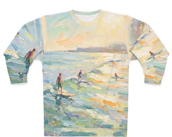 Felpa con stampa integrale "Surfisti Impressionisti" / Tramonto sull'oceano dai colori pastello