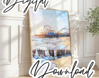 Dipinto del molo di Santa Monica / Arte costiera delle spiagge californiane (Download digitale)
