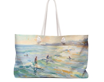 Borsa da weekend/borsa da spiaggia con motivo surfista sulla spiaggia di Malibu, paesaggio marino impressionista