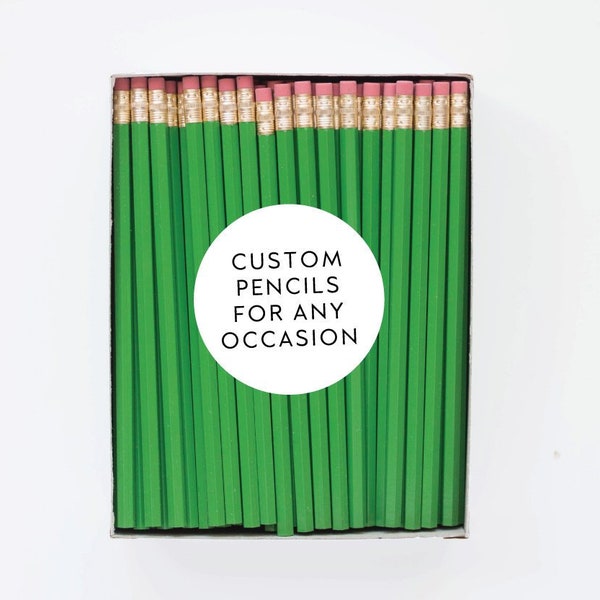 Green Custom Pencils. Personalized Pencils. Event Favors. Wedding Favors. Party Favors. Business Branding. Engraved Pencils. Bulk Pencils.