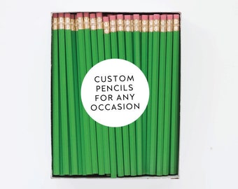 Green Custom Pencils. Personalized Pencils. Event Favors. Wedding Favors. Party Favors. Business Branding. Engraved Pencils. Bulk Pencils.