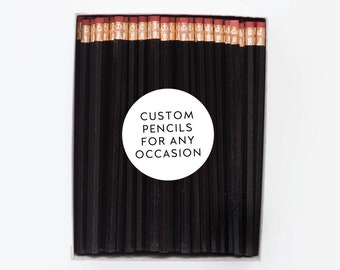 Black Custom Pencils. Personalized Pencils. Event Favors. Wedding Favors. Party Favors. Business Branding. Engraved Pencils. Bulk Pencils.