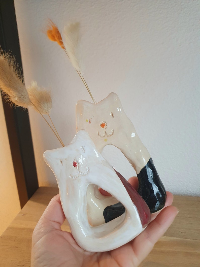 Handmade Ceramic Cat With Dry Flowers image 6