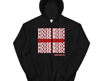 May include: Black hooded sweatshirt with the text "HOUSE MUSIC" repeated in red letters down the front.