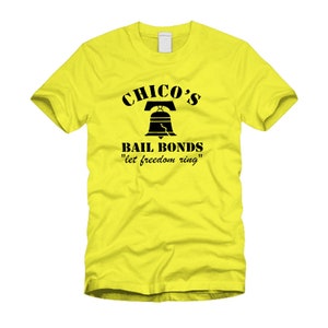 Chico&#39;s Bail Bonds- Retro Cool Funny Bad News Bears Parody Yellow T-Shirt