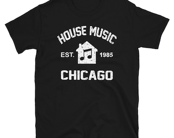 Camiseta unisex de manga corta con estilo de DJ de música house de Chicago, Illinois, de 1985