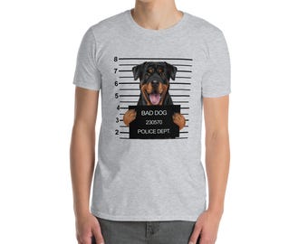 Lustiges schönes schlechtes Hund Mugshot (süßes Rottweiler) Hunde-Liebhaber-Kurzarm-Unisex-T-Shirt