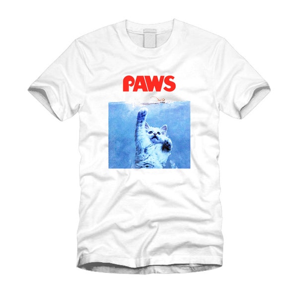 Paws - Jaws Funny Kitty Jaws Mashup Cat Shirt 1970 's Parody Cool White T-Shirt