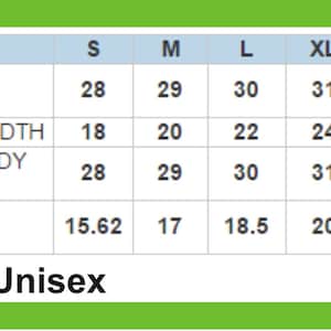 May include: A size chart for a Men/Unisex garment, with measurements in inches. The chart includes body length, body width, full body length, and sleeve length for sizes S, M, L, XL, and 2XL. The chart is set against a green background.