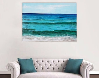 En dag vid havet 45 x 60 cm, havsmålning, hav, strand, vatten, lugn, avkopplande, aqua, vågor, duk, original, vacker, blå, grön