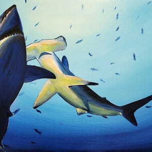 Cousins 20 x 30 inches oil on canvas,  shark, great white, hammerhead, sharks, ocean, predators, marine, fierce, sea,
