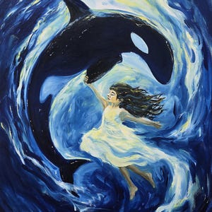 May include: An original painting depicts a woman in a flowing white dress reaching towards a black orca. The orca is surrounded by swirling blue water, with hints of yellow and white. The artwork is signed in the bottom right corner.