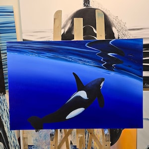 Ocean Whispers: Orca&#39;s Submerged Elegance, 20 x30&quot; oil painting, killer whale, orcas, whales, painting
