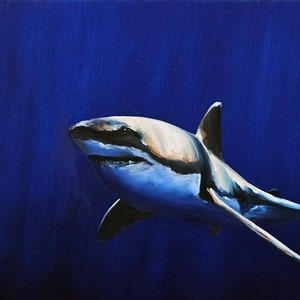 Submerged Majesty, Oils on canvas, great white shark, shark, shark painting