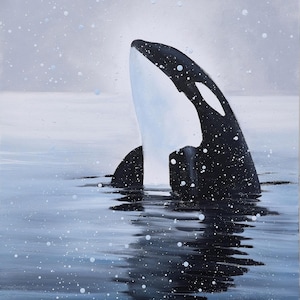 May include: An orca whale emerges from the water in this painting. The whale is black and white, with a white patch on its side. The water is a dark blue, and there are white dots scattered throughout the scene, suggesting snow.
