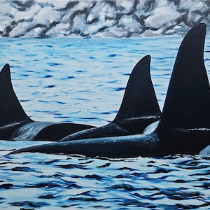 May include: Three orca whales with black fins and backs are swimming in a blue ocean. The water is choppy and the sky is cloudy.