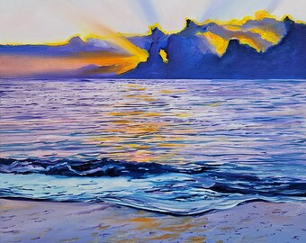 Purple horizon, original oil painting, seascape, ocean, sea, beach sunset,