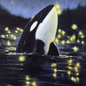 May include: A painting of an orca whale emerging from dark water under a starry night sky. The whale is black and white, with a white patch near its eye. Yellow lights reflect on the water's surface, creating a serene and magical scene.