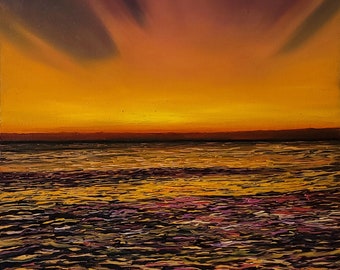 A walk with the seashore" original oil painting, beach painting, sunset painting, golden hour