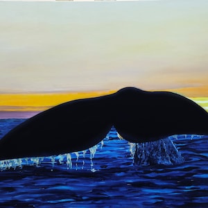 May include: A painting of a whale's tail breaching the water at sunset. The tail is silhouetted against a vibrant orange and yellow sky, with the ocean below a deep blue.