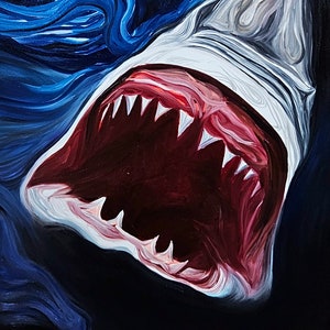 Deep Jaws&quot; oil painting, shark painting, the great white, white shark, pointer shark, shark art