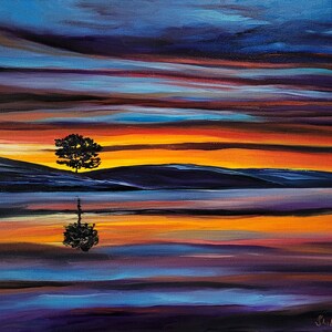 May include: An original landscape painting depicts a serene scene with a lone tree reflected in calm water. The sky is ablaze with vibrant hues of orange, yellow, and blue, creating a dramatic sunset effect. The artwork is signed in the lower right corner.