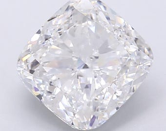 May include: A cushion-cut diamond with a brilliant, multifaceted surface. The gemstone is clear and colorless, reflecting light to create a sparkling effect. The shape is square with rounded corners, showcasing its symmetrical design.