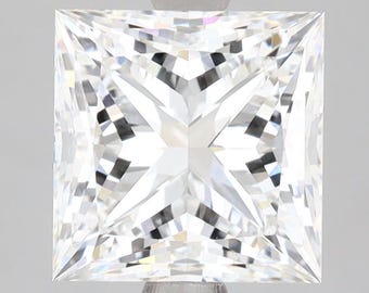May include: A square-cut, brilliant-faceted diamond. The gemstone is colorless and reflects light, creating a sparkling effect. The facets are precisely cut, showcasing the diamond's clarity and brilliance. The diamond is set against a neutral background.