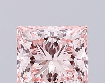 May include: A square-shaped, light pink gemstone with a faceted cut. The gemstone has a star-like pattern in the center.