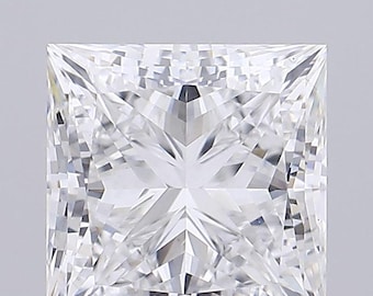 May include: A square-cut, brilliant-faceted diamond. The gemstone is clear and colorless, with a symmetrical pattern of reflective surfaces. The facets create a starburst effect from the center, reflecting light. The diamond is set against a neutral background.