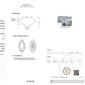 May include: A laboratory-grown diamond report for a 2.08 carat marquise brilliant diamond. The report details the diamond's measurements, clarity, colour, and other grading information. The report number is LG64457757.