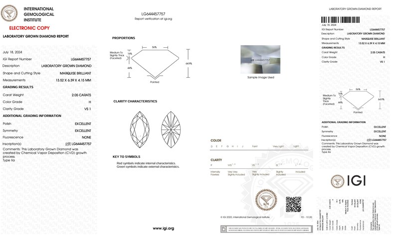 May include: A laboratory-grown diamond report for a 2.08 carat marquise brilliant diamond. The report details the diamond's measurements, clarity, colour, and other grading information. The report number is LG64457757.