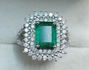 Anillo de esmeralda colombiana natural / Piedra preciosa de 3,20 quilates / Plata de ley 925 / Elegante anillo de piedra verde para mujer / Piedra natal de mayo