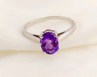 Oval Natural Amethyst Ring Jewelry Ring Minimalist Simple Ring 925 Sterling Silver Promise Ring Dainty Halo Ring February Birthstone Ring