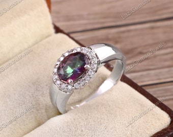 mystic topaz ring oval cut promise engagement ring solid 925 sterling silver ring rainbow gemstone birthstone ring