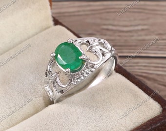 Anillo esmeralda, anillo boho de plata de ley 925, joyería de piedra de nacimiento de mayo, anillos apilables, anillo de piedra preciosa verde, joyería boho, gemas mistry,