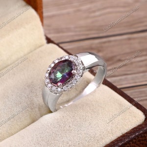 mystic topaz ring oval cut promise engagement ring solid 925 sterling silver ring rainbow gemstone birthstone ring