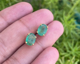 Natural Emerald Stud Earring - Green Stone Stud Earring - Dainty Stud Earring - Sterling Silver Stud Earring may birthstone