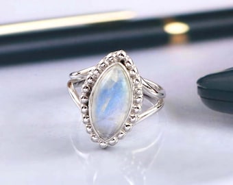 Natural Rainbow Moonstone Ring Solitaire Ring 925 Sterling Silver Ring June Birthstone Ring Minimalist Ring Jewelry Ring Anniversary Gift