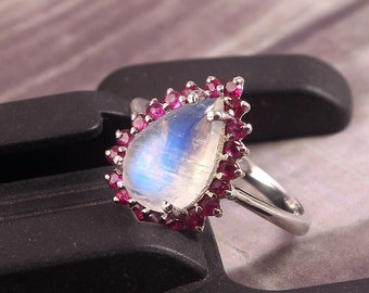 Teardrop Rainbow Moonstone Ring Ruby Ring Statement Ring 925 Sterling Silver Antique Ring Dainty Cluster Ring Promise Ring Minimalist Ring