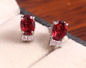 Natural Oval Garnet Stud Earrings | Genuine Red Garnet Oval Studs | January Birthstone Earrings | 925 Sterling Silver Garnet Jewelry