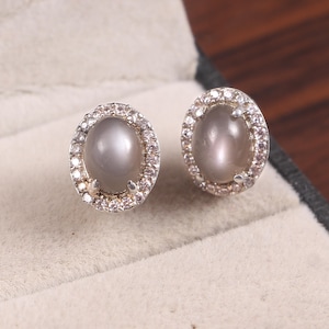 Gray Moonstone Earrings, Stud Earrings, Dainty Minimalist Earrings, Delicate Halo Earrings, 925 Sterling Silver, Boho Jewelry Earrings