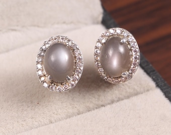 Gray Moonstone Earrings, Stud Earrings, Dainty Minimalist Earrings, Delicate Halo Earrings, 925 Sterling Silver, Boho Jewelry Earrings