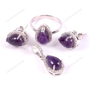 Amethyst Ring Earrings Pendant Jewelry Set Halo Cluster Jewelry,Cocktail Vintage Jewelry,Anniversary Gift for Her,925 Sterling Silver Gift
