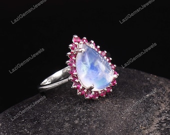 Rainbow Moonstone Ruby Ring  925 Sterling Silver Statement Ring Engagement Ring Gemstone Ring Natural Stone Ring