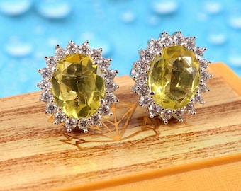 Genuine Lemon Quartz Stud Earrings, 925 Sterling Silver Minimalist Dainty Jewelry