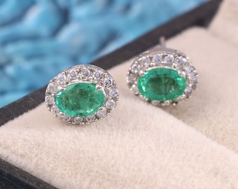 Natural Emerald Earrings Halo Stud Boho Jewelry Minimalist Studs Earrings-Dainty Tiny Earrings-Delicate Jewelry Earrings-May Birthstone
