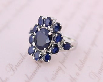 Natural Blue Sapphire Ring /  Solid 925 Sterling Silver / September Birthstone Ring / Cocktail Ring / Oval Engagement Ring / Moms Wife Gift