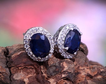 Natural Blue Sapphire Earrings Stud in Sterling Silver,Art Deco Sapphire Zircon Halo Earrings, Dainty Minimalist Earrings, Bridal Earrings