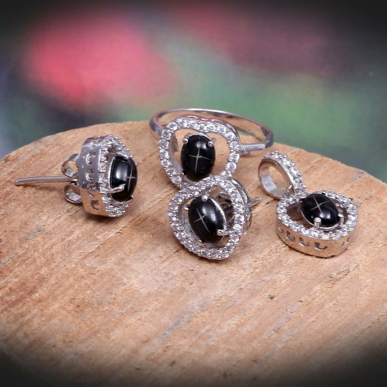 Black Star Sapphire bridal jewellery set, Hear Shape Jewellery set, Black star,Star jewelry set, wedding jewellery, bridesmaid gift image 2